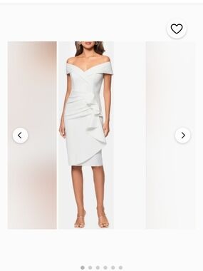 Xscape White Off-Shoulder Sheath Midi Dress with Cascade Ruffle